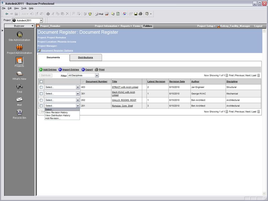 Autodesk Buzzsaw: Document Register